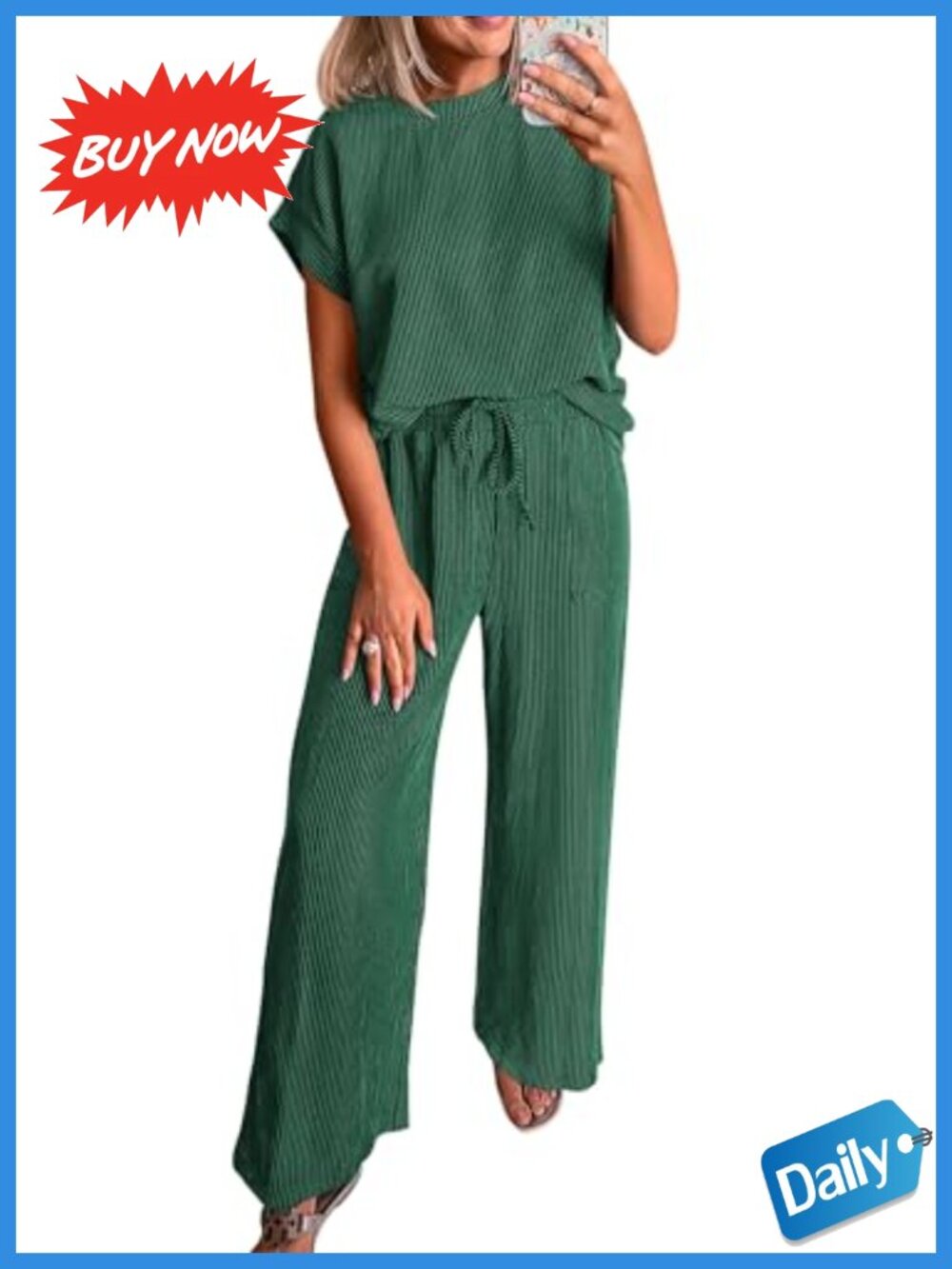 2 Piece Lounge Set Ribbed Knit Short Sleeve Wide Leg Pants With Pockets